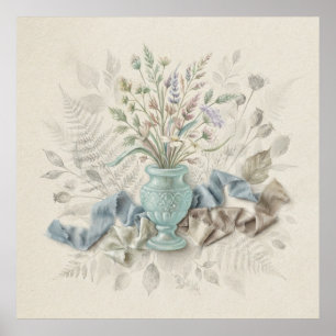 Aqua-Vase-Wildblumen Blau Seiden-Botanik-Plakat Poster