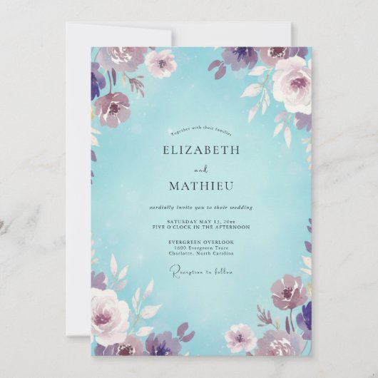 Aqua-Veilchen-Blumen-Hochzeit Einladung (Vorderseite)