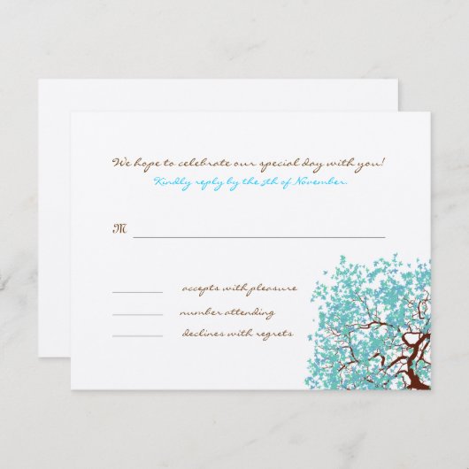 Aqua Verlasse braune Tree Monogram Response Card Einladung (Vorne/Hinten)