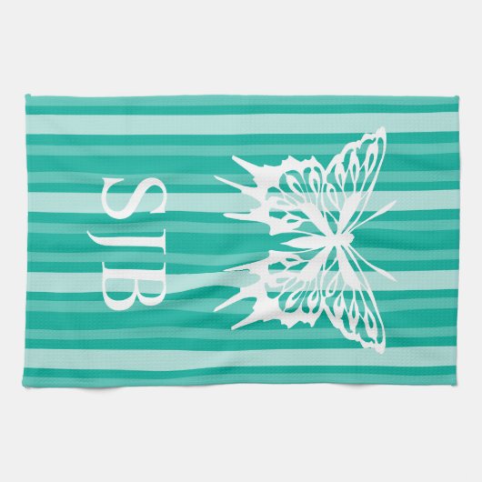 Aqua Viktorianisch Strip mit Butterfly Monogramm Geschirrtuch (Horizontal)