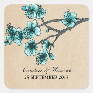 Aqua Vintag Cherry Blüten Hochzeitskleber Quadratischer Aufkleber