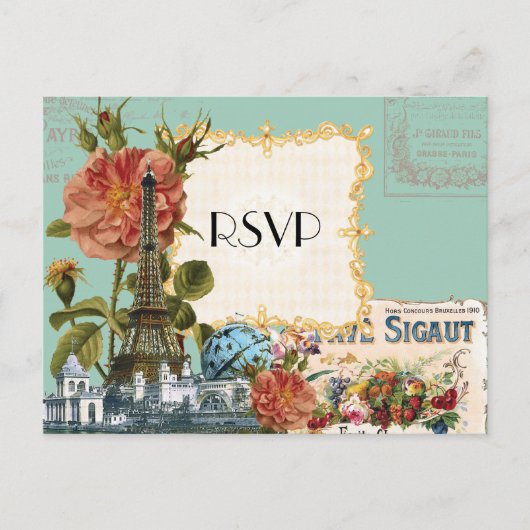 Aqua Vintag Eiffelturm Rose Save the Date Karte (Vorderseite)