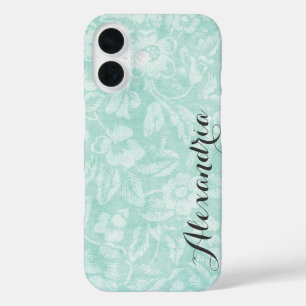 Aqua Vintage Blumenprint Monogramm iPhone 16 Hülle