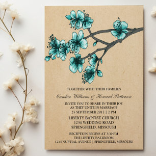Aqua Vintage Kirschblüten Hochzeitseinladung Einladung
