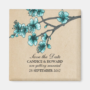 Aqua Vintage Kirschblüten Speichern Sie das Datum Magnet