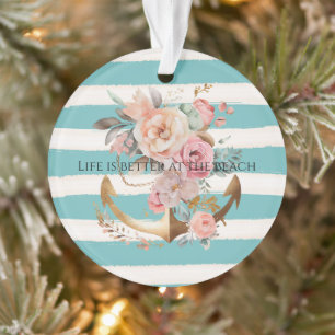 Aqua Watercolor Beach Streifen Gold Blumenstrauß Ornament