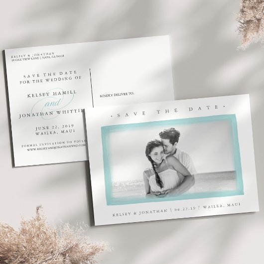 Aqua Watercolor Border | FOTO SAVE THE DATE Ankündigungspostkarte