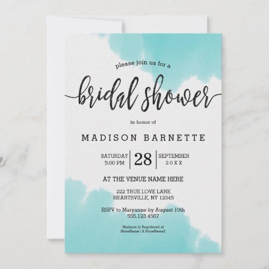 Aqua Watercolor Brush Bridal Dusche Einladung (Vorderseite)