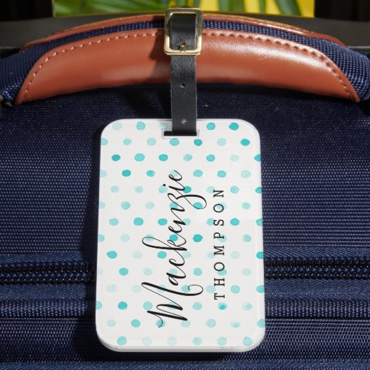 Aqua Watercolor Dots Monogram Gepäckanhänger (Vorderseite Insitu 2)
