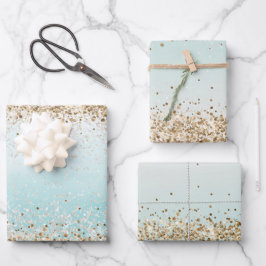 Aqua Watercolor Gold Confetti Glitzer Geschenkpapier Set