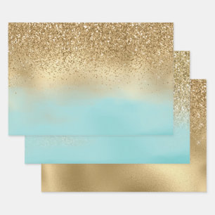 Aqua Watercolor Gold Glitzer Geschenkpapier Set