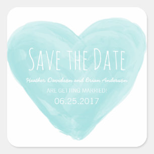 Aqua Watercolor Herz Save the Date Stickers