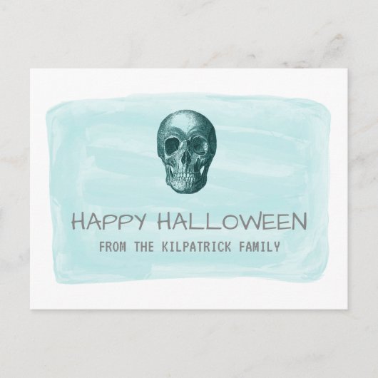 Aqua Watercolor Skull Halloween Postcard Postkarte (Vorderseite)