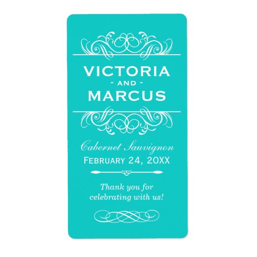 Aqua Wedding Wine Bottle Monogram Fevor Labels (Vorne)