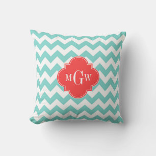 Aqua Weiß Chevron Koralle Rot Vierblatt 3 Monogram Kissen