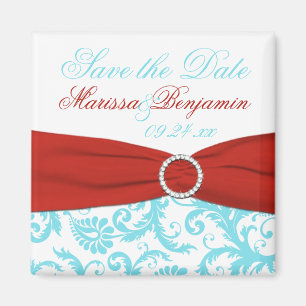 Aqua, Weiß und roter Damast-Save the Date Magnet