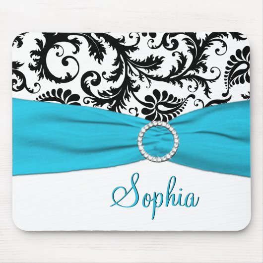 Aqua, Weiß und Schwarz-Damast Mousepad (Vorne)