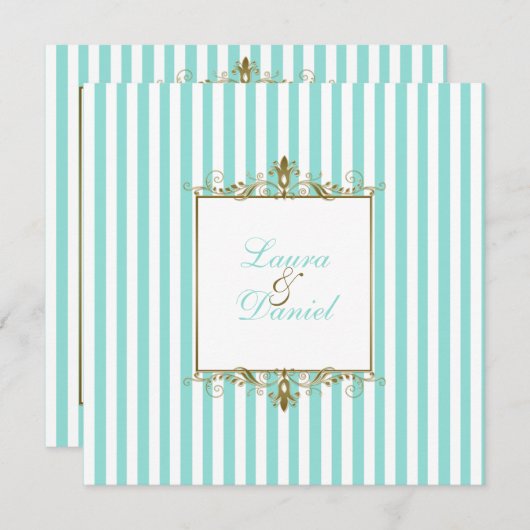 Aqua, weiße Streifen mit goldener Schriftrolle Ein Einladung (Vorne/Hinten)
