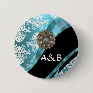 Aqua & weißer Damast mit Imitat-Kristall-Edelstein Button