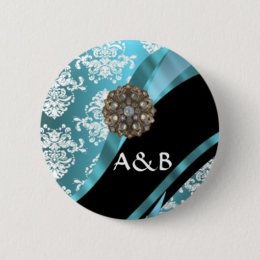 Aqua & weißer Damast mit Imitat-Kristall-Edelstein Button (Vorderseite)
