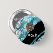 Aqua & weißer Damast mit Imitat-Kristall-Edelstein Button (Vorne & Hinten)