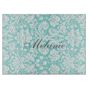 Aqua-weißes Damast-Name-Ausschnitt-Brett Schneidebrett