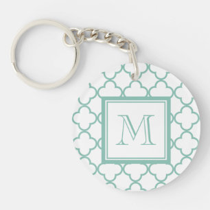 Aqua weißes Quatrefoil   Ihr Monogramm Schlüsselanhänger