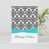 Aqua, White and Black Damask II Einladung zur Hoch (Stehend Vorderseite)