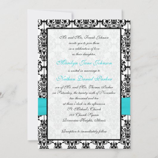 Aqua, White and Black Damask II Einladung zur Hoch (Rückseite)