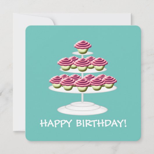 Aqua White and Pink Cupcake Tower Happy Birthday Einladung (Vorderseite)