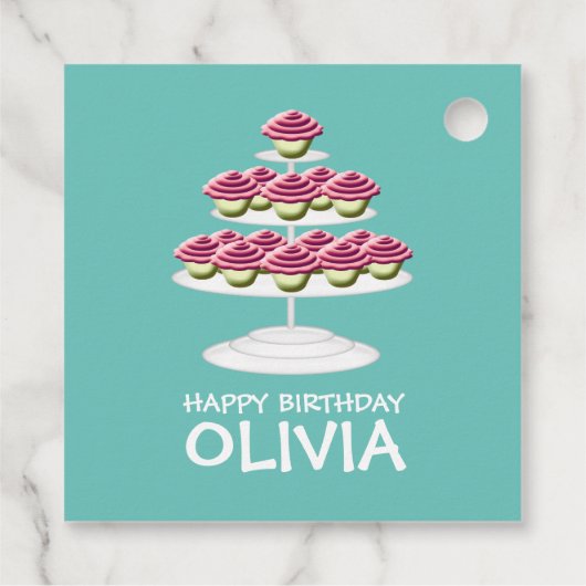 Aqua White and Pink Cupcake Tower Happy Birthday Geschenkanhänger (Rückseite)