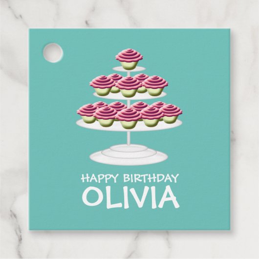 Aqua White and Pink Cupcake Tower Happy Birthday Geschenkanhänger (Vorderseite)