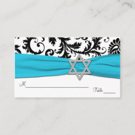 Aqua, White, Black Damask Bat Mitzvah Placecards Platzkarte