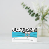 Aqua, White, Black Damask Bat Mitzvah Placecards Platzkarte (Stehend Vorderseite)