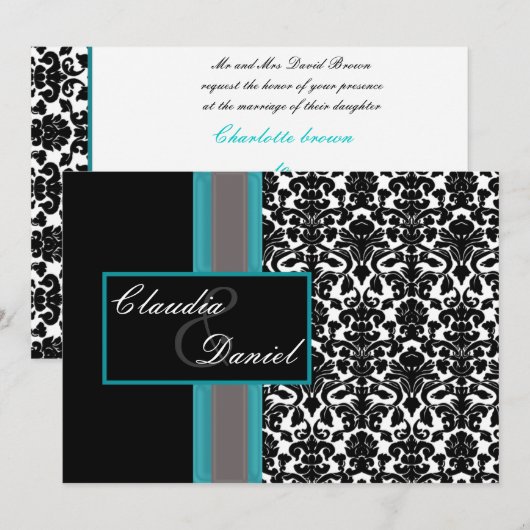 Aqua White Black Damask Hochzeitseinladungen Einladung (Vorne/Hinten)