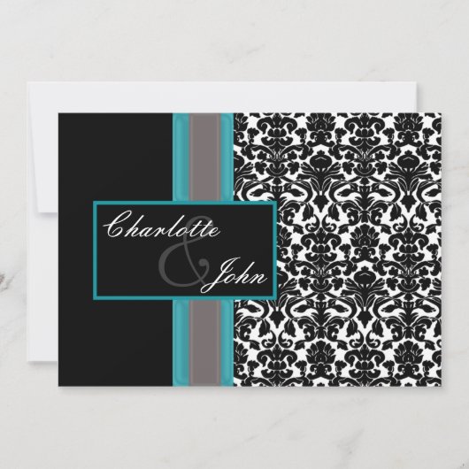 Aqua White Black Damask Hochzeitseinladungen Einladung (Vorderseite)