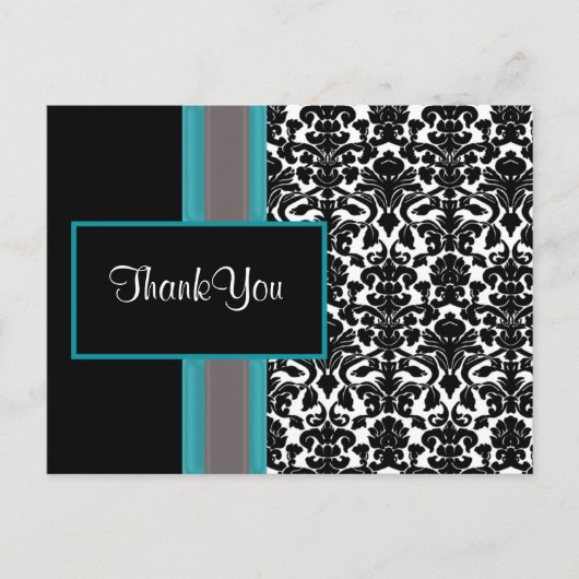 Aqua White Black Damask Hochzeitseinladungen Postkarte (Vorderseite)