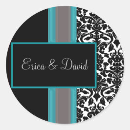 Aqua White Black Damask Hochzeitseinladungen Runder Aufkleber