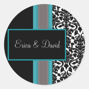 Aqua White Black Damask Hochzeitseinladungen Runder Aufkleber