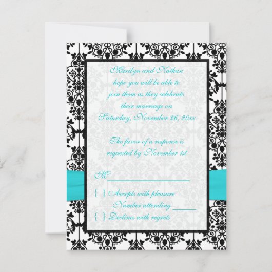 Aqua, White, Black Damask II RSVP-Karte RSVP Karte (Rückseite)