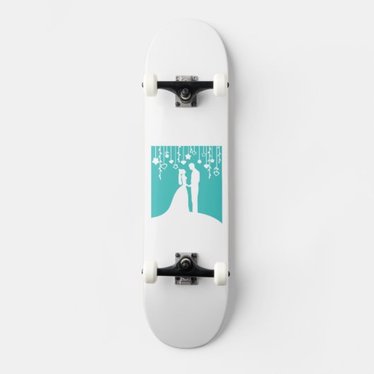 Aqua & White Bridge und Groom Wedding Silhouetten Skateboard (Vorderseite)