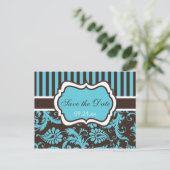 Aqua, White, Brown Damask Save the Date Karte (Stehend Vorderseite)