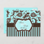 Aqua White Brown Striwn Damask Save the Date Karte (Vorne/Hinten)