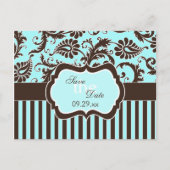 Aqua White Brown Striwn Damask Save the Date Karte (Vorderseite)