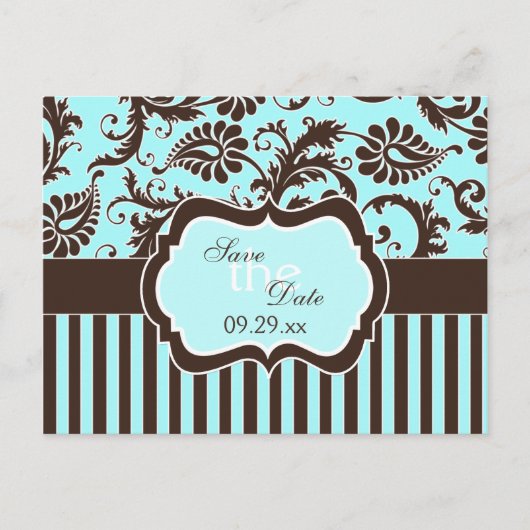 Aqua White Brown Striwn Damask Save the Date Karte (Vorderseite)