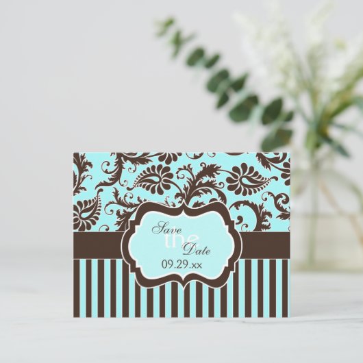 Aqua White Brown Striwn Damask Save the Date Karte (Stehend Vorderseite)