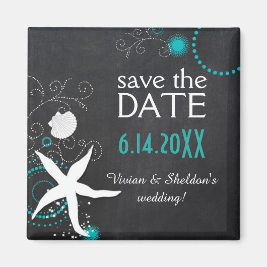 Aqua White Chalkboard Beach Hochzeit Save the Date Magnet (Vorne)