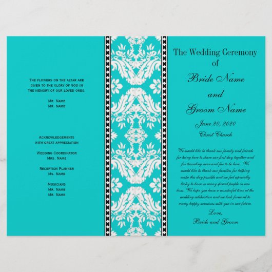 Aqua White Damask Wedding Program (Vorderseite)