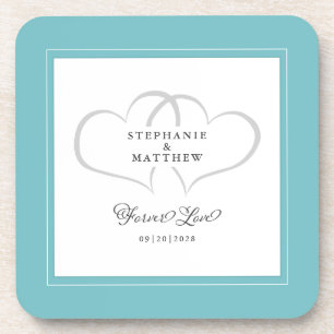 Aqua & White Elegante Hochzeitsherzen für immer Li Getränkeuntersetzer