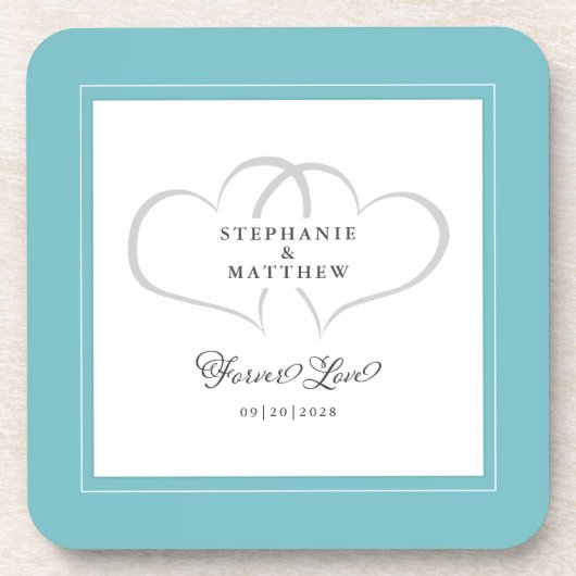 Aqua & White Elegante Hochzeitsherzen für immer Li Getränkeuntersetzer (Vorderseite)
